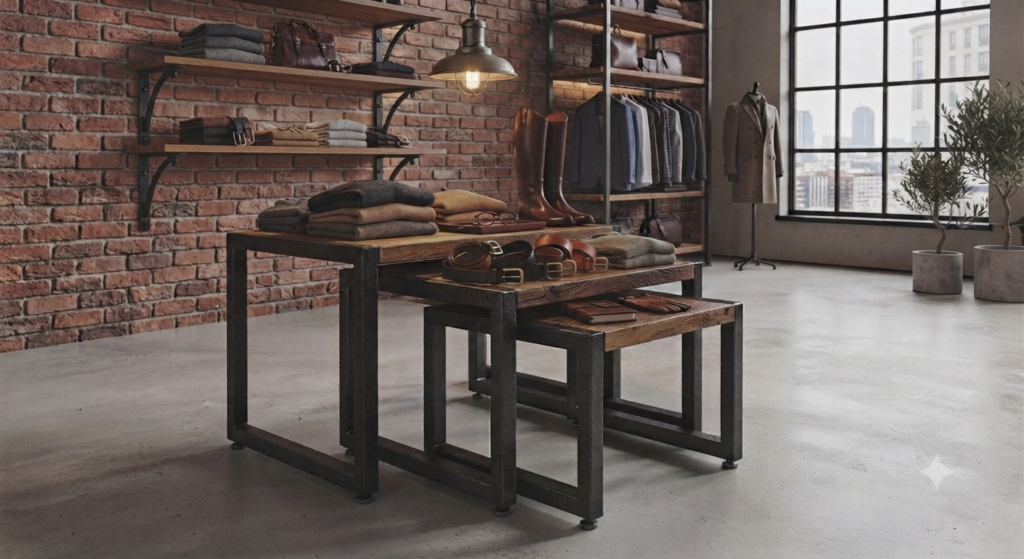 Meble sklepowe zestawy sklepowe typu nesting tables Industrialny zestaw trzech stolików ekspozycyjnych wykonanych z postarzanego drewna i ciemnej stali, ustawionych w modnym butiku odzieżowym