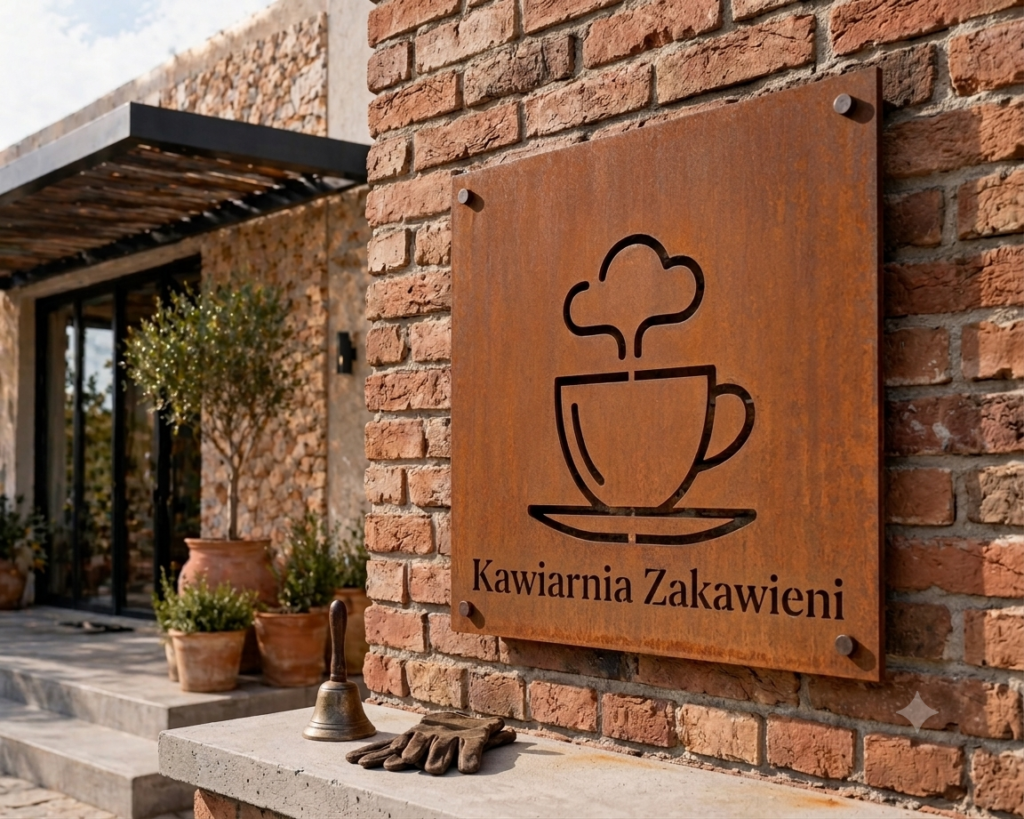 Szyldy reklamowe Szyld z Cortenu dla Kawiarni i Restauracji – Wycinany Laserowo