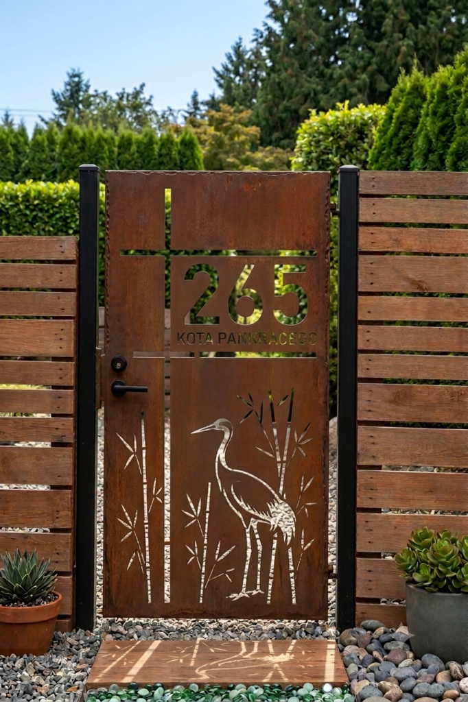 Furtki z cortenu z adresem Furtka Ogrodowa "Zen" – Stal Corten ze wzorem i adresem
