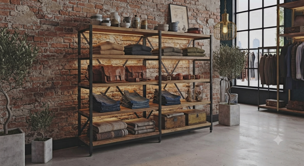 Meble sklepowe Wolnostojący regał sklepowy w stylu loft, wykonany z czarnych stalowych profili i grubych półek z litego drewna, wypełniony odzieżą i galanterią.