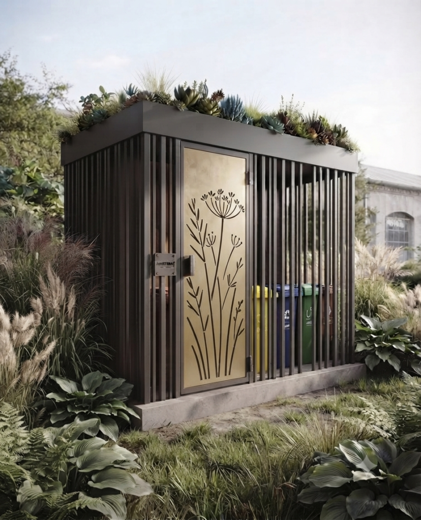 Wiaty ogrodowe Solidna, designerska konstrukcja śmietnikowa z profilowanym dachem, wykonana z metalu i mosiądzu, z artystycznym motywem botanicznym