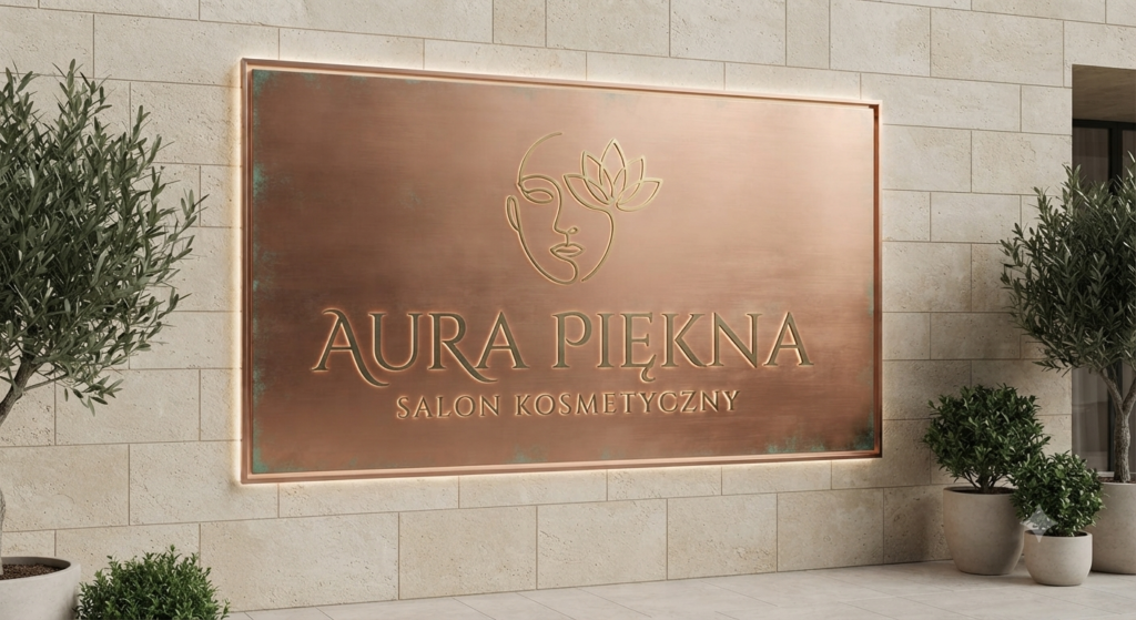 Szyldy, bannery i kasetony Zewnętrzny, prostokątny szyld salonu kosmetycznego "AURA PIĘKNA" zamontowany na ścianie z jasnych kamiennych płyt. Szyld wykonany jest z eleganckiego metalu miedzianego o szczotkowanej fakturze z widocznymi elementami patyny. Na tablicy znajduje się wygrawerowany i podświetlony na złoto logotyp przedstawiający minimalistyczny zarys twarzy kobiety połączony z kwiatem lotosu.