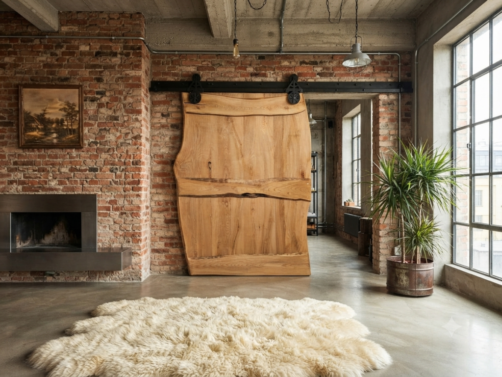 Drzwi przesuwne barn door drzwi przesuwne barn door Autorski projekt drzwi przesuwnych z litego drewna z naturalnymi krawędziami, zamontowanych na czarnym metalowym systemie mocowania w stylu industrialnym
