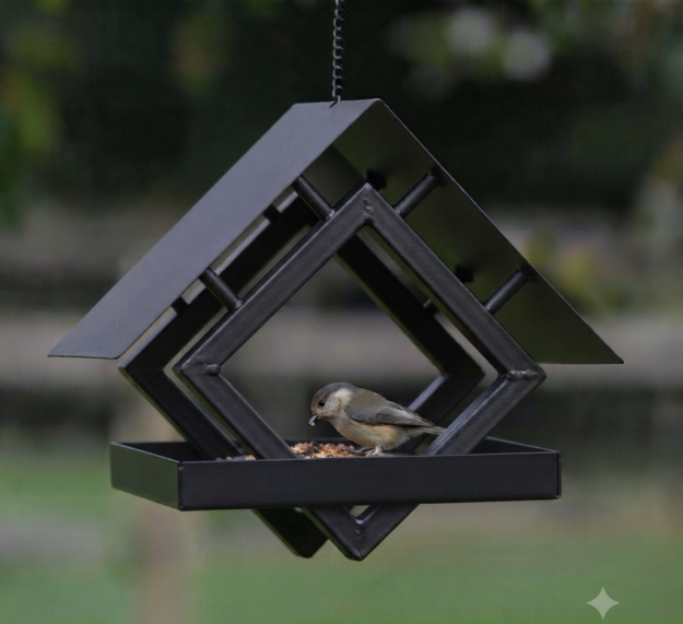 Karmniki dla ptaków Designerski karmnik geometryczny z czarnej stali. Metalowa konstrukcja z daszkiem i miseczką na pokarm, którą odwiedza mały ptaszek. Idealny do nowoczesnego ogrodu