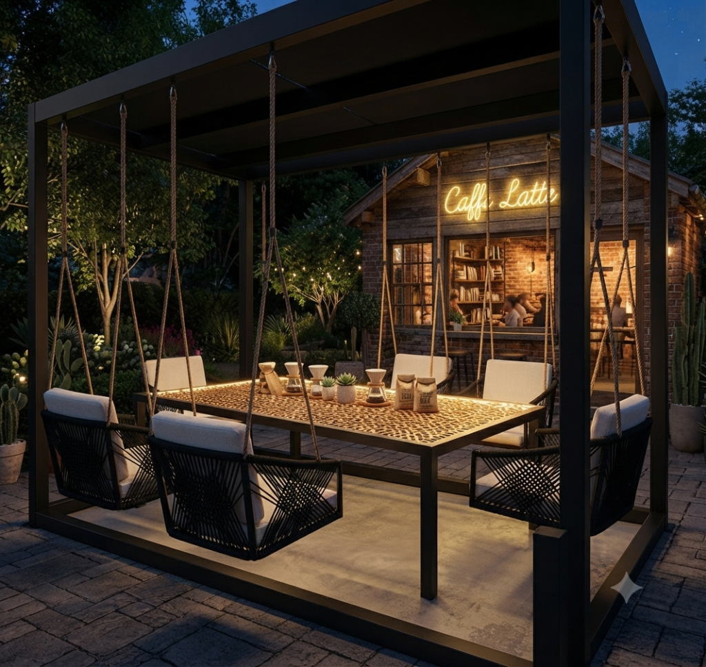 Swing table - pergole z huśtawkami Luksusowy Zestaw Wiszący do Ogrodu Hotelu - Pergola Swing w ogródku kawiarni