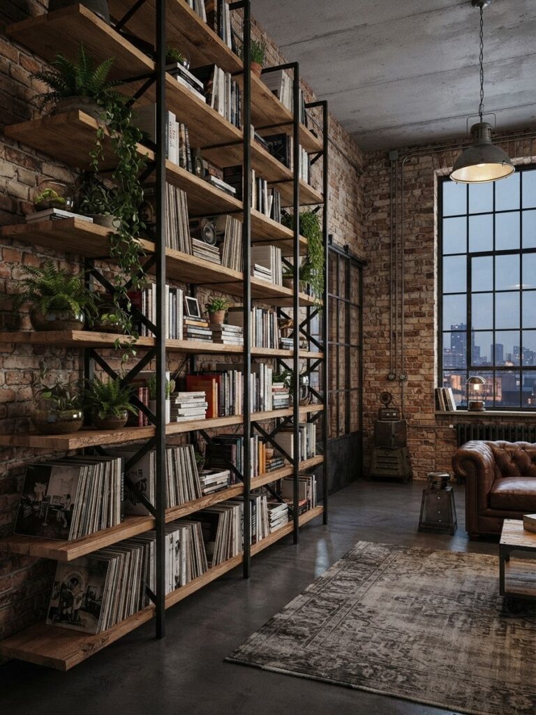 Regały Industrialna biblioteczka wypełniona książkami i płytami winylowymi w lofcie z ceglanym wykończeniem ścian