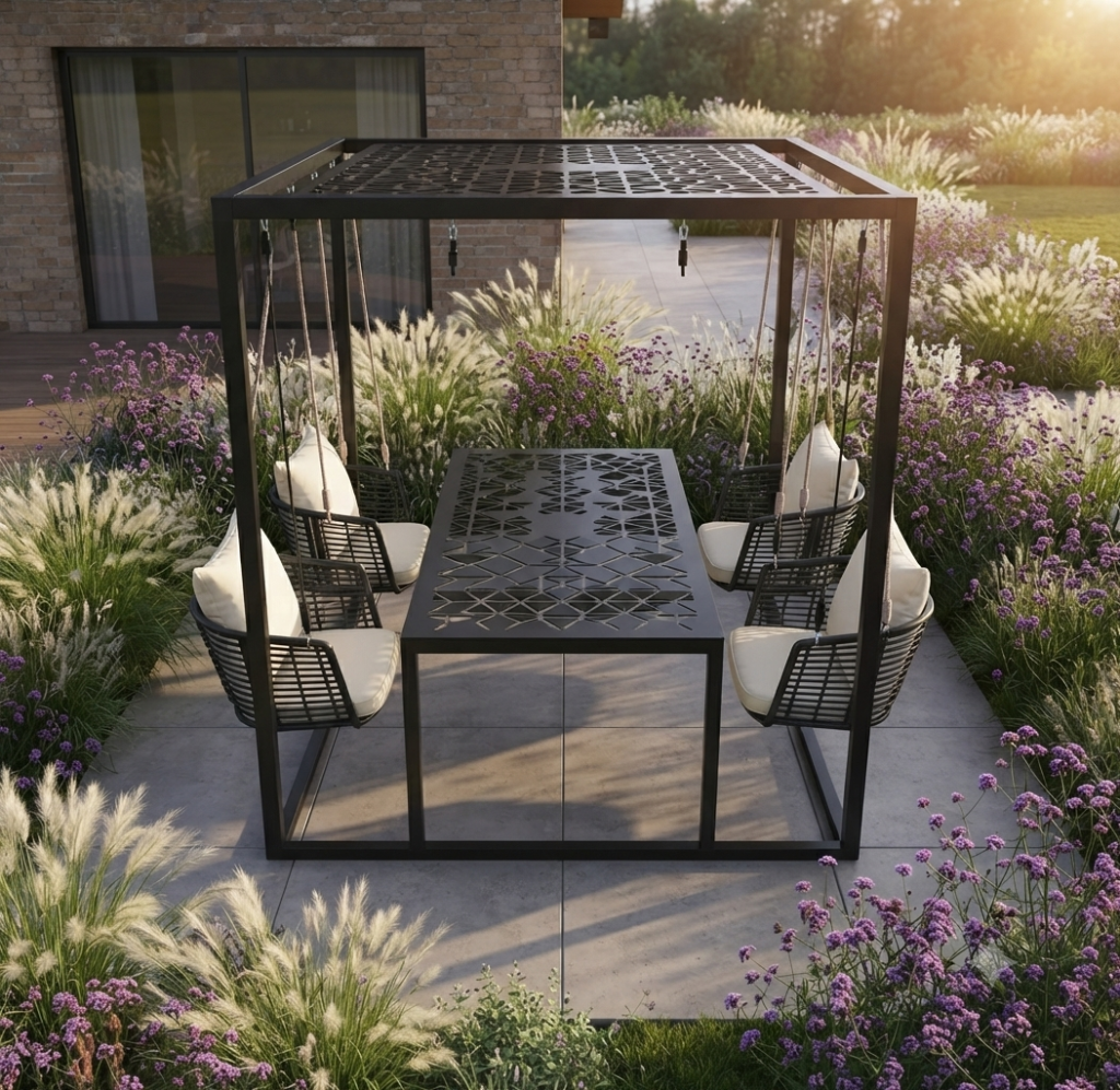 Swing table - pergole z huśtawkami Nowoczesna czarna pergola ogrodowa z wbudowanym geometrycznym stołem i czterema wiszącymi fotelami na patio