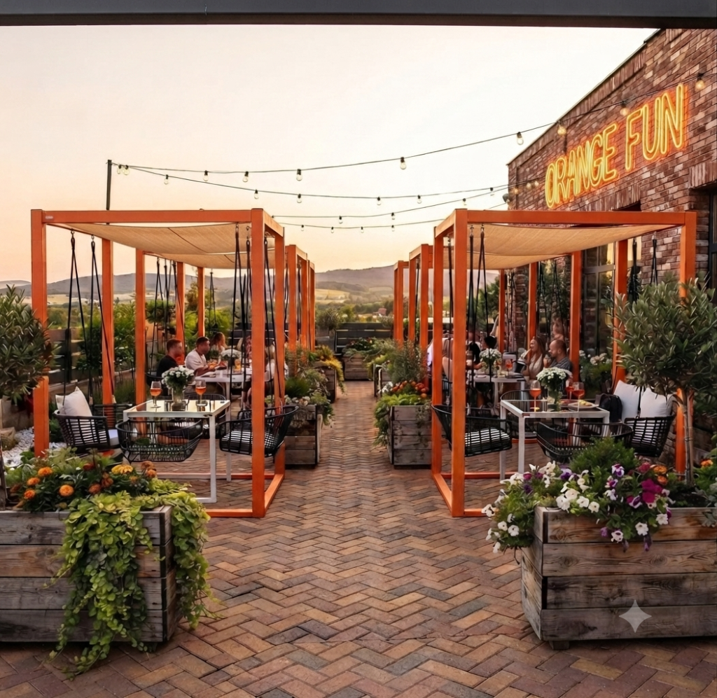 Swing table - pergole z huśtawkami Restauracja z wiszącymi fotelami i strefą relaksu