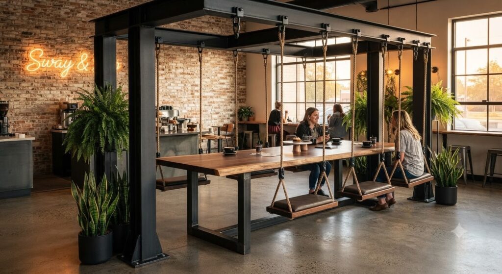Blog swing table ze stołem z litego drewna z oflisem restauracja loftowa