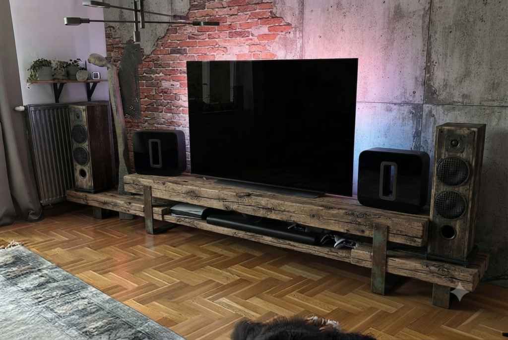 Masywna szafka RTV wykonana z surowych, postarzanych belek drewnianych z widoczną fakturą, w industrialnym salonie z ceglaną ścianą