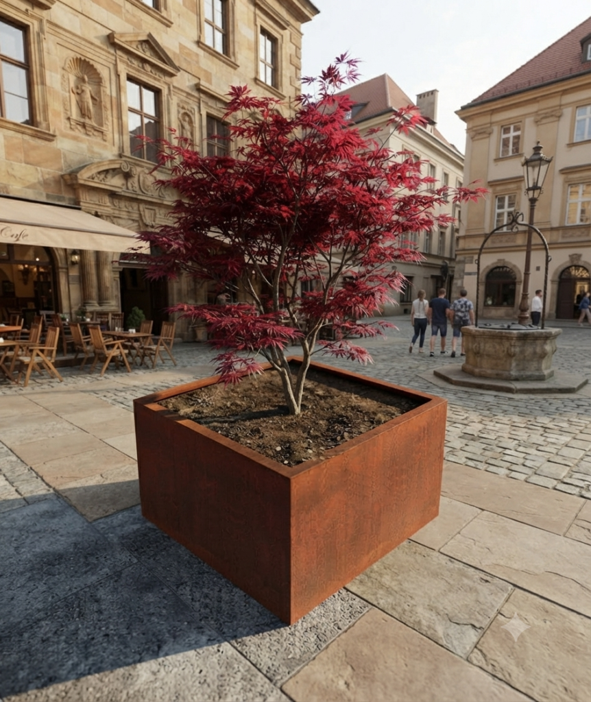 Nowoczesna, kwadratowa donica z cortenu o rdzawym wykończeniu, wypełniona ziemią, z młodym klonem japońskim, na tle zabytkowej architektury z piaskowca