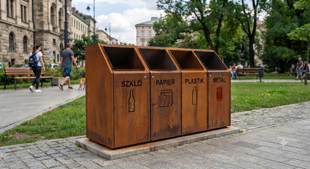 Kosz na śmieci Nowoczesny czterokomorowy kosz miejski do segregacji odpadów wykonany ze stali corten z oznaczeniami szkło, papier, plastik i metal w otoczeniu parkowym