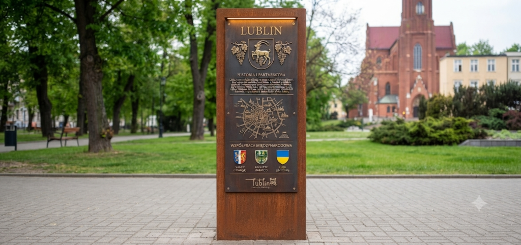Pojedynczy totem informacyjny z cortenu z podświetleniem LED i tablicą miejską w parku