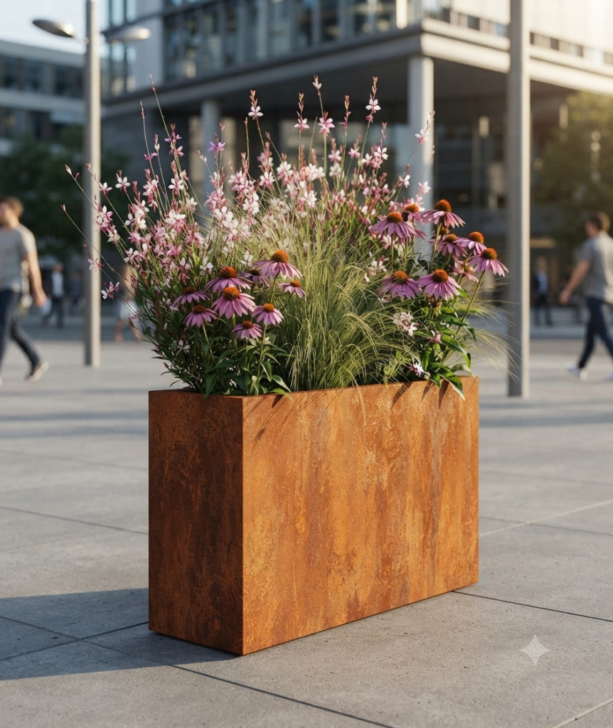 Minimalistyczna donica z blachy corten z widocznym rdzawym wykończeniem