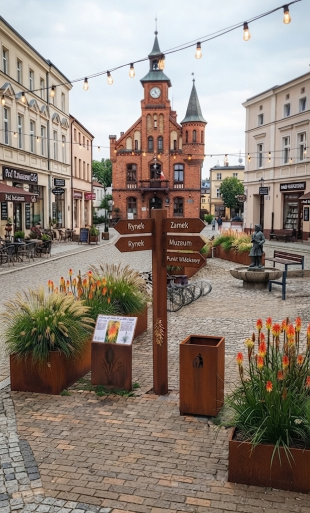 Kosz na śmieci Pojedynczy, otwarty kosz na śmieci ze stali corten z piktogramem, stojący na historycznym rynku obok drogowskazu