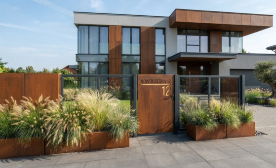 Współpraca z architektami Kompleksowa aranżacja posesji z wykorzystaniem stali Corten: elegancka furtka z numerem, ozdobne donice z trawami, panele na elewacji oraz nowoczesne ogrodzenie