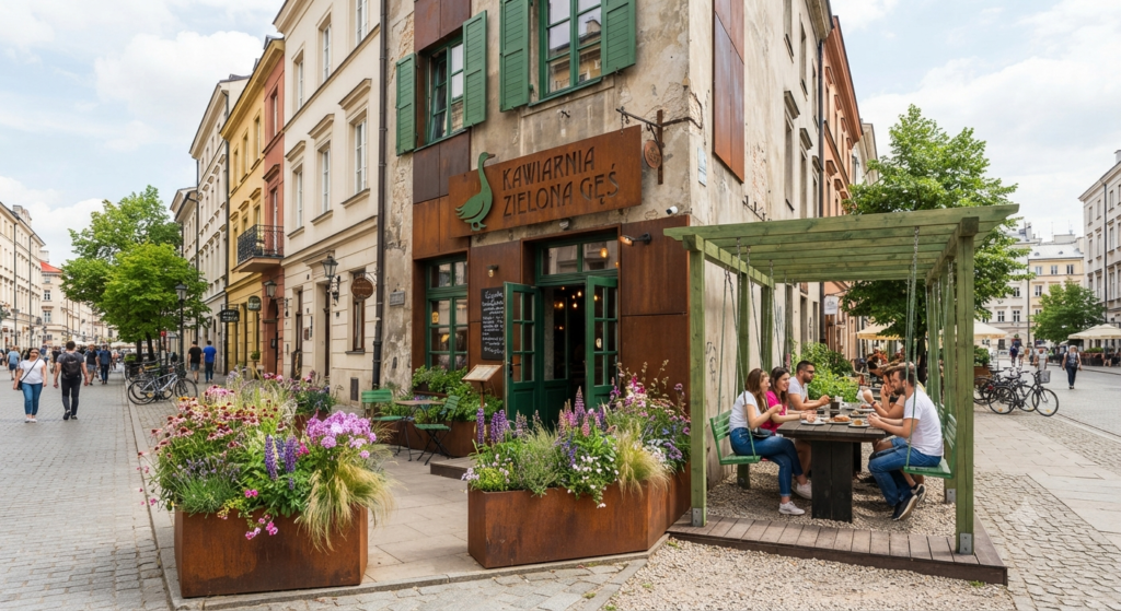 Współpraca z architektami Kompleksowe zastosowanie Cortenu w projekcie firmy Konstrukt: okładziny ścienne, cortenowe donice na kwiaty i wiszące stoliki (swing table) na ogródku letnim.