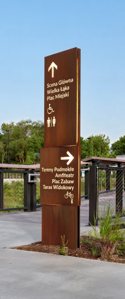 Pionowy totem kierunkowy ze stali corten z wyciętymi laserowo polskimi napisami i strzałkami w przestrzeni publicznej